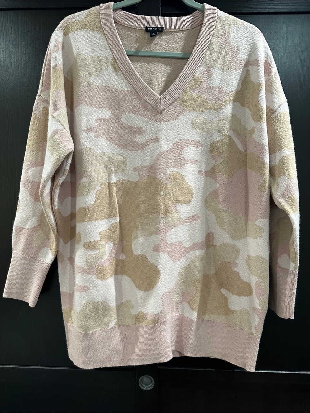 torrid Pink Cream Tan Camo V-Neck Sweater - Relaxed Silhouette